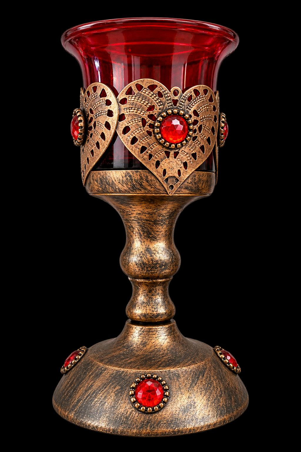 Medieval Gothic Chalice Candle Holder with red glass cup and bronze filigree detail