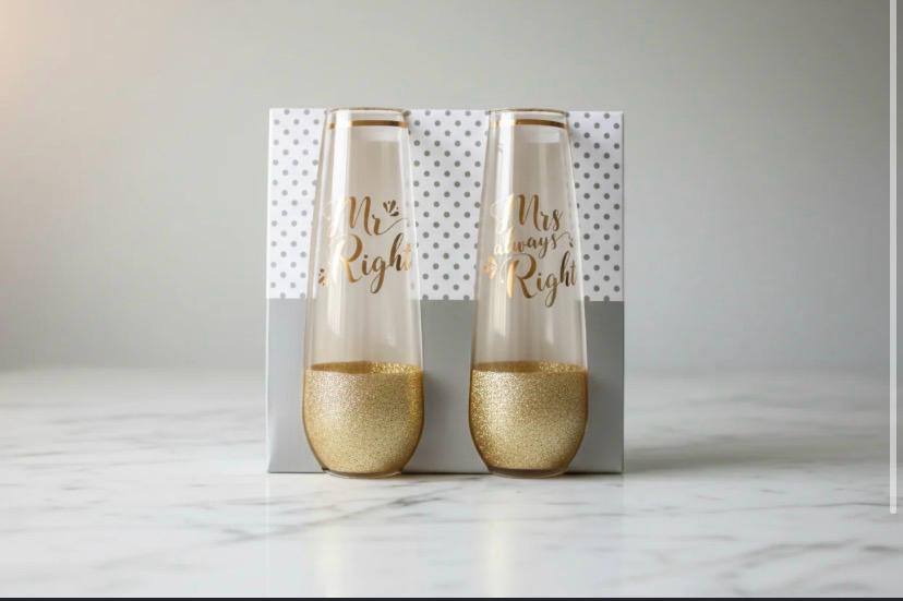 Mr Right and Mrs Always Right stemless champagne flute set with gold glitter bases in gift box