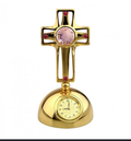 Gold Cross Clock Figurine with Pink Crystal