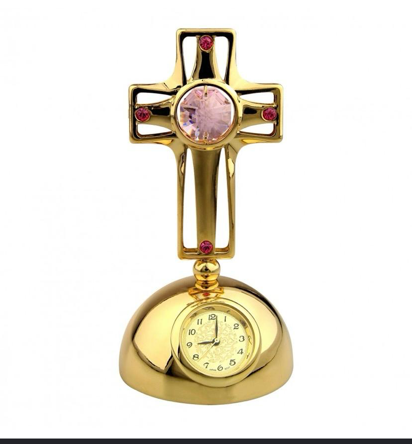 Gold Cross Clock Figurine with Pink Crystal