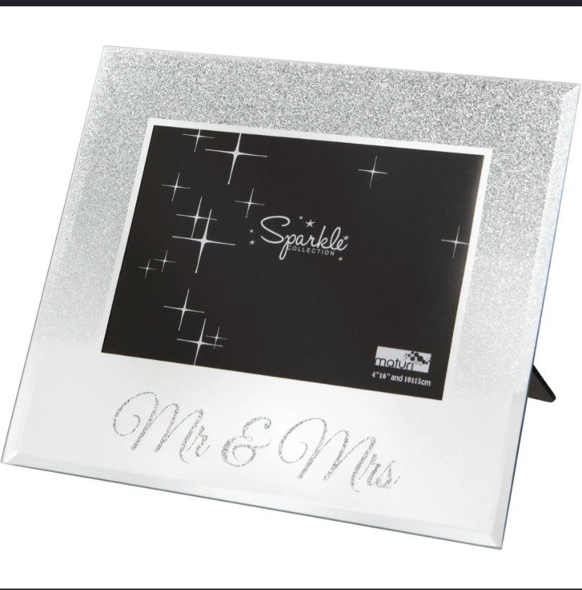 Mr and Mrs Sparkle Collection mirrored photo frame with silver glitter top and rhinestone script lettering