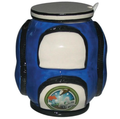 Blue ceramic golf bag shaped sugar bowl with lid and spoon