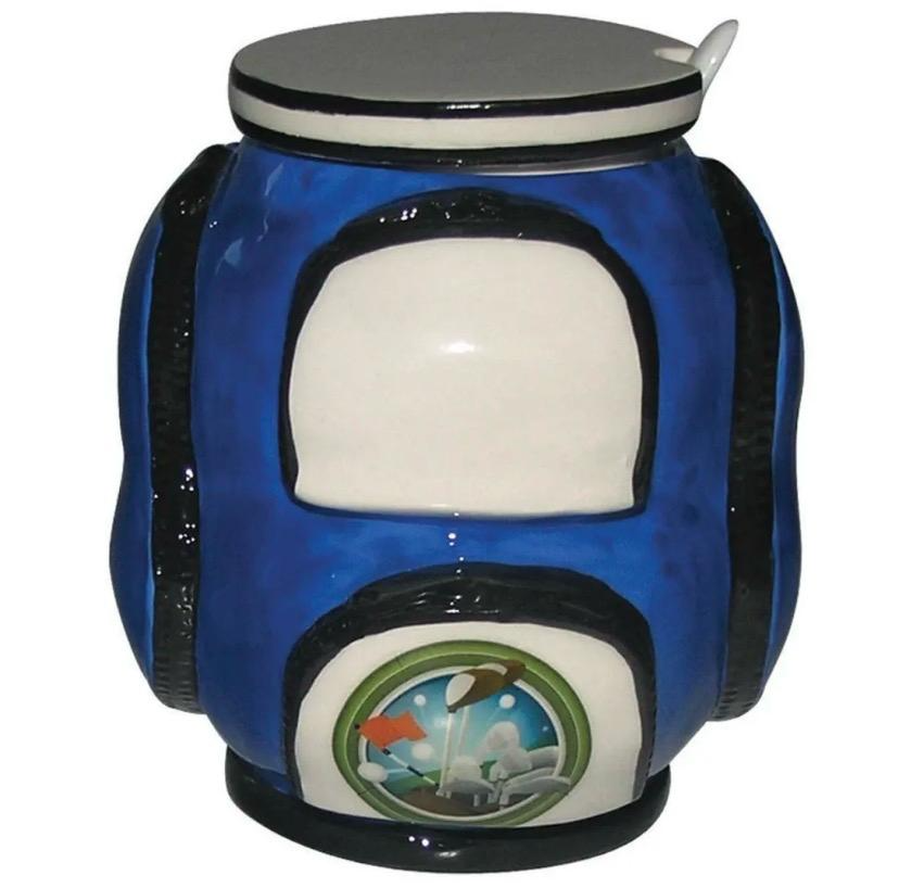 Blue ceramic golf bag shaped sugar bowl with lid and spoon