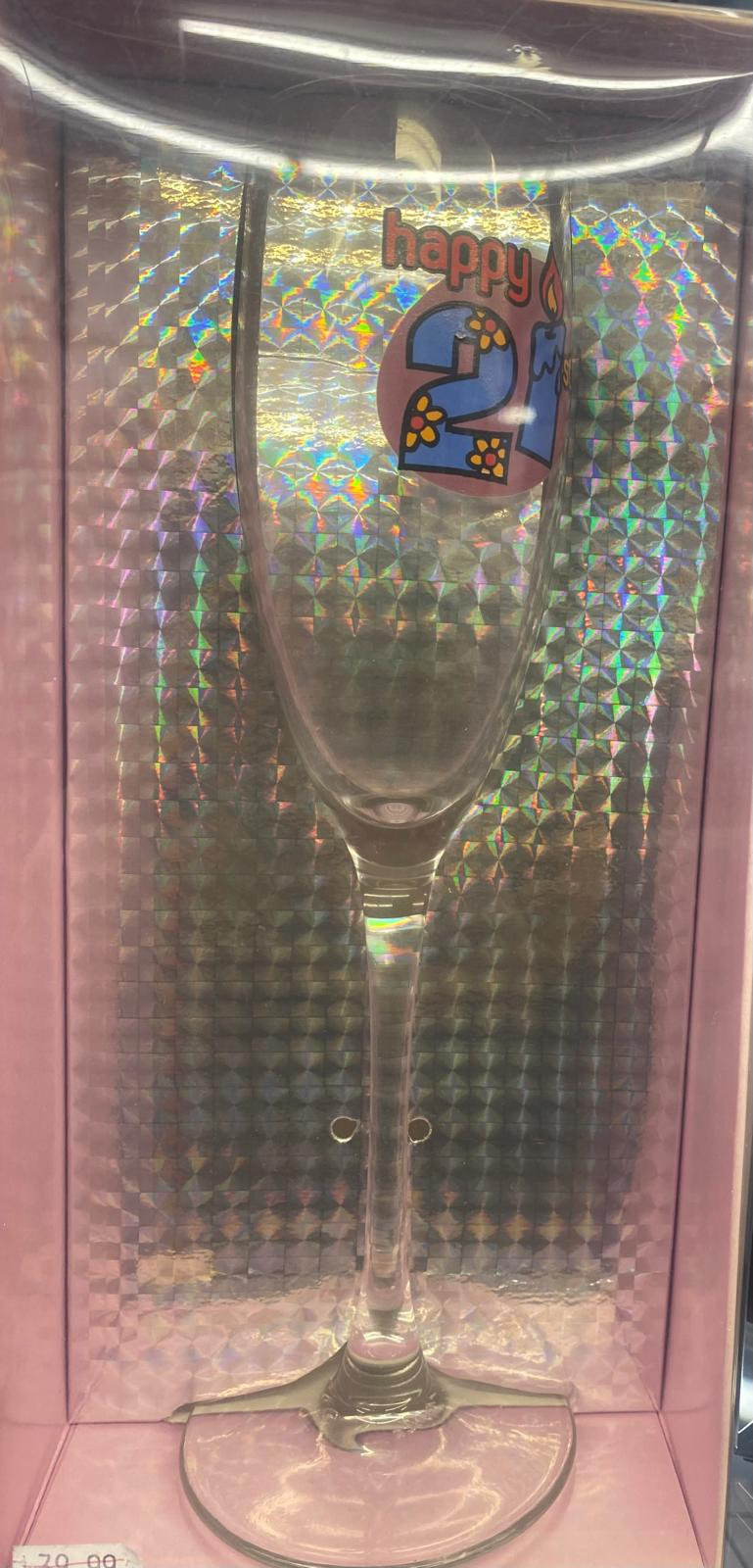 Happy 21st Birthday champagne flute in holographic pink gift box with colourful badge tag
