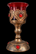 Medieval Gothic Chalice Candle Holder with red glass cup and bronze filigree detail
