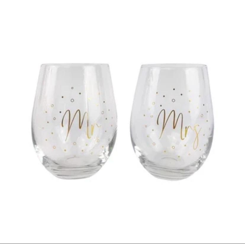 Mr and Mrs stemless wine glass set of 2 with gold script lettering