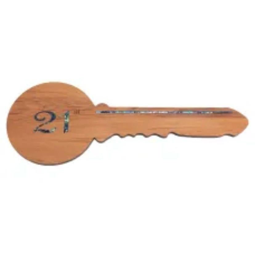 Classic natural timber 21st birthday key with paua shell accent and bold 21 engraving