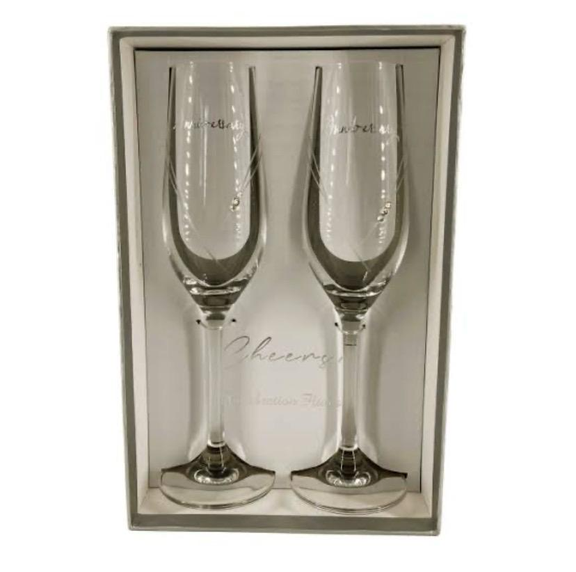 Cheers crystal champagne flute set of 2 with rhinestone accents in luxury gift box