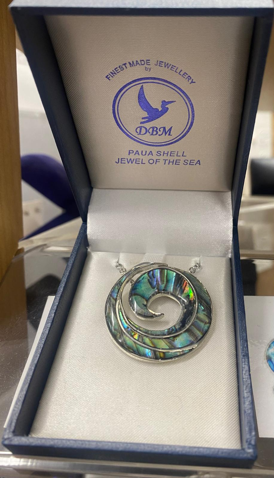 DBM Paua Shell Spiral Pendant Necklace in gift box