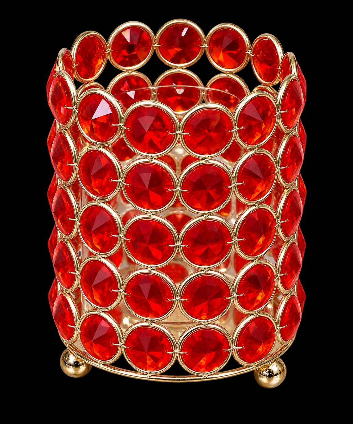 Red ruby crystal cylinder candle holder with gold metal ring frame and ball feet