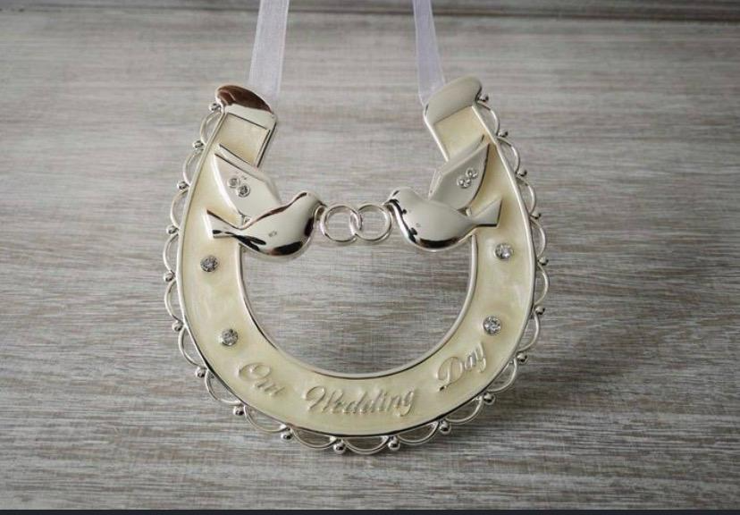 On Our Wedding Day silver lucky horseshoe keepsake with love birds and crystal accents