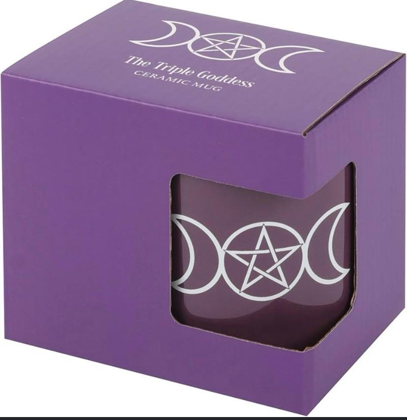 The Triple Goddess purple ceramic mug with triple moon and pentagram design in gift box