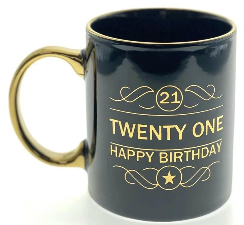 21 Twenty One Happy Birthday black ceramic mug with gold handle and gold lettering
