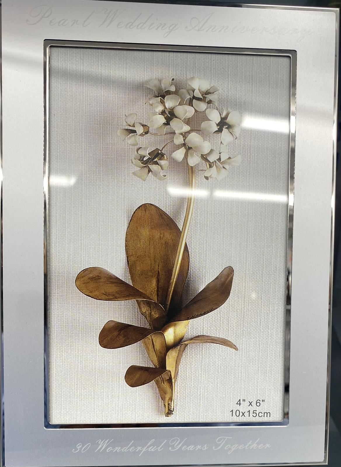 Pearl Wedding Anniversary silver photo frame with botanical pressed flower design, 30 Wonderful Years Together