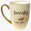 Twenty One Happy Birthday ceramic mug with gold handle