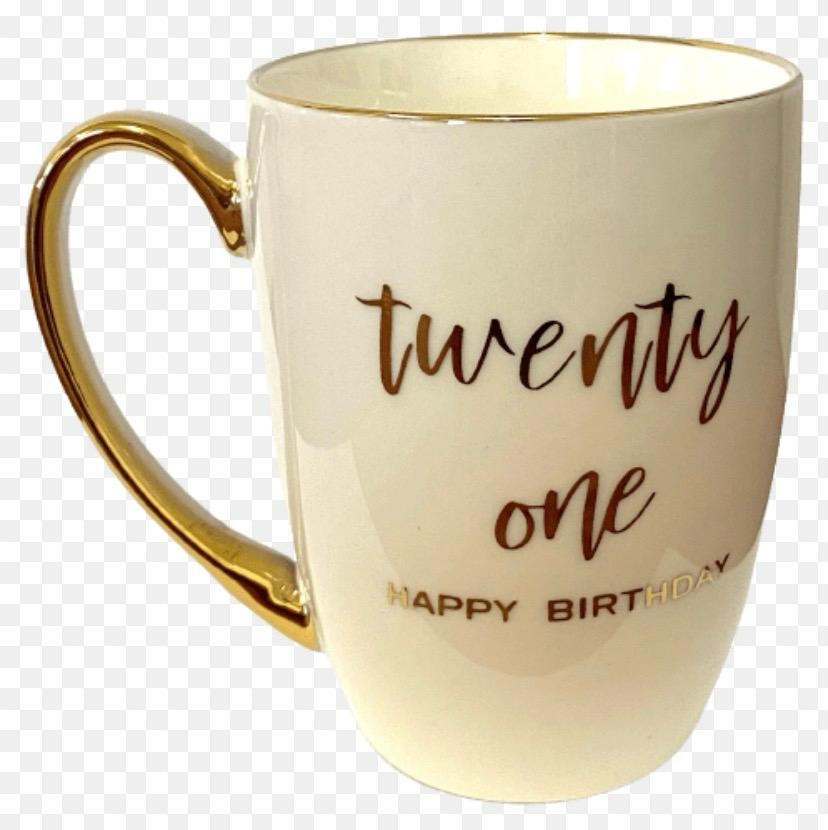 Twenty One Happy Birthday ceramic mug with gold handle
