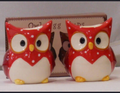 Set of 2 ceramic red owl egg cups with white polka dots in gift box