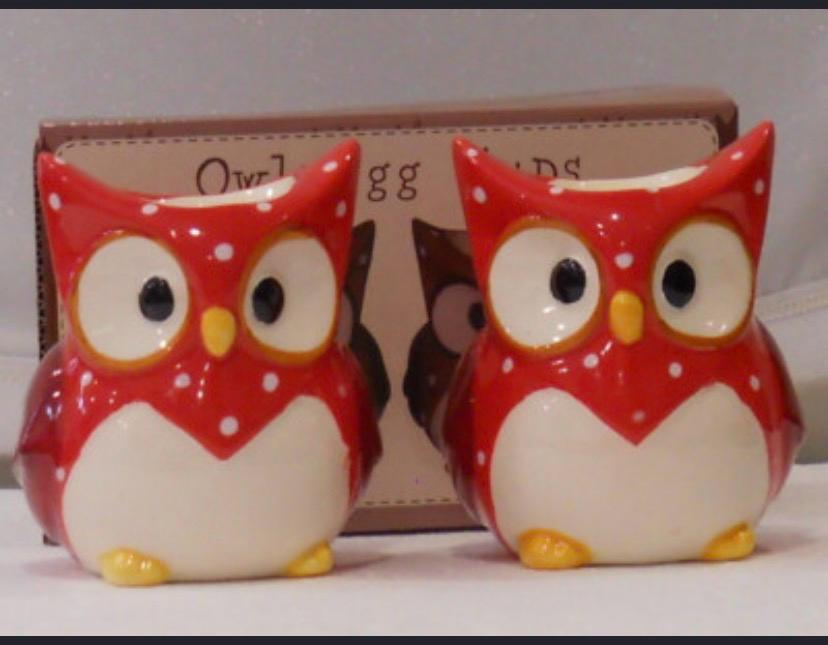 Set of 2 ceramic red owl egg cups with white polka dots in gift box