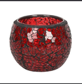 Red crackle mosaic glass bowl candle holder with dark grout and metal rim