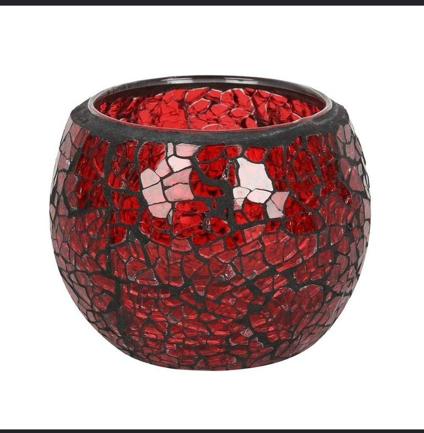 Red crackle mosaic glass bowl candle holder with dark grout and metal rim