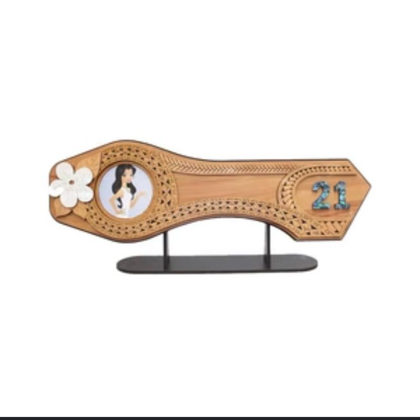 Handcrafted floral wooden 21st birthday key for her with paua shell numerals on black display stand
