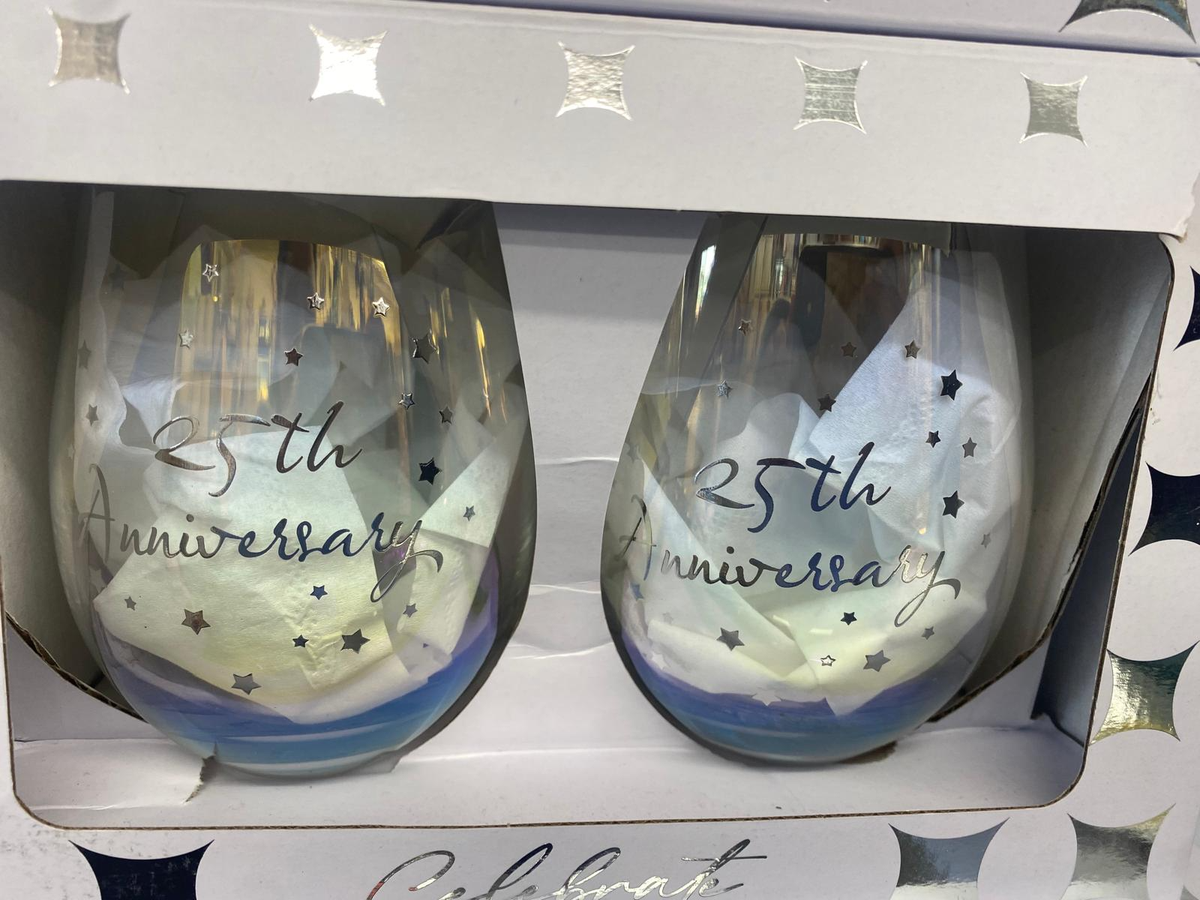 25th Anniversary stemless wine glass set of 2 in Celebrate gift box