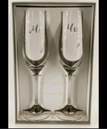 Mr and Mrs crystal champagne flute set of 2 with black script lettering and rhinestone accents in silver gift box