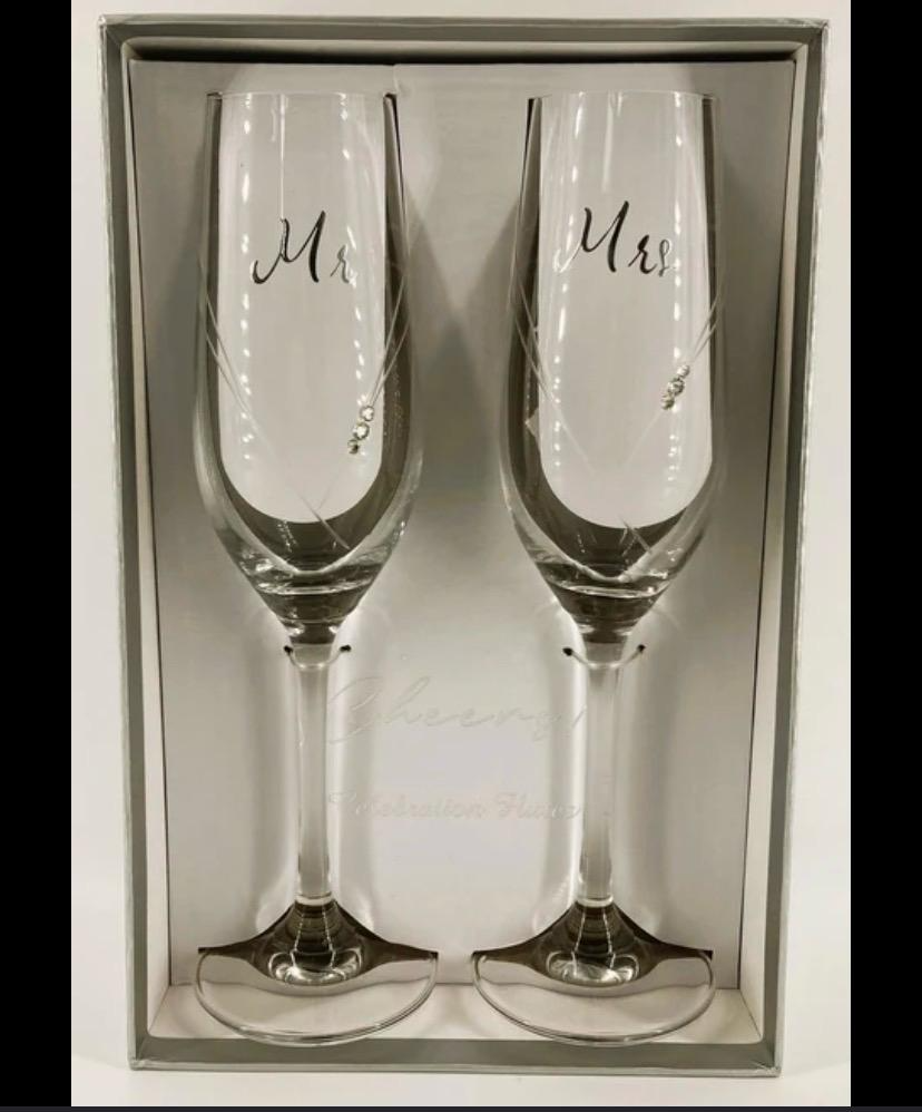 Mr and Mrs crystal champagne flute set of 2 with black script lettering and rhinestone accents in silver gift box