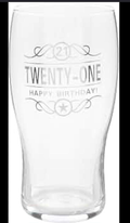 Twenty-One Happy Birthday clear pint glass with etched silver typography and scrollwork design