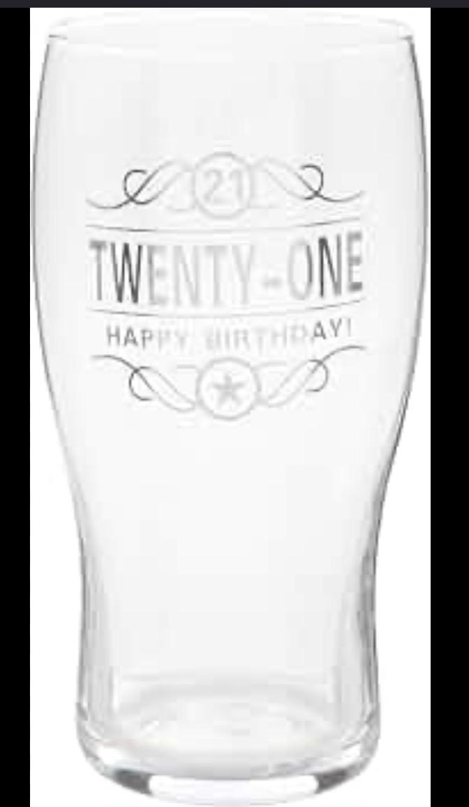 Twenty-One Happy Birthday clear pint glass with etched silver typography and scrollwork design