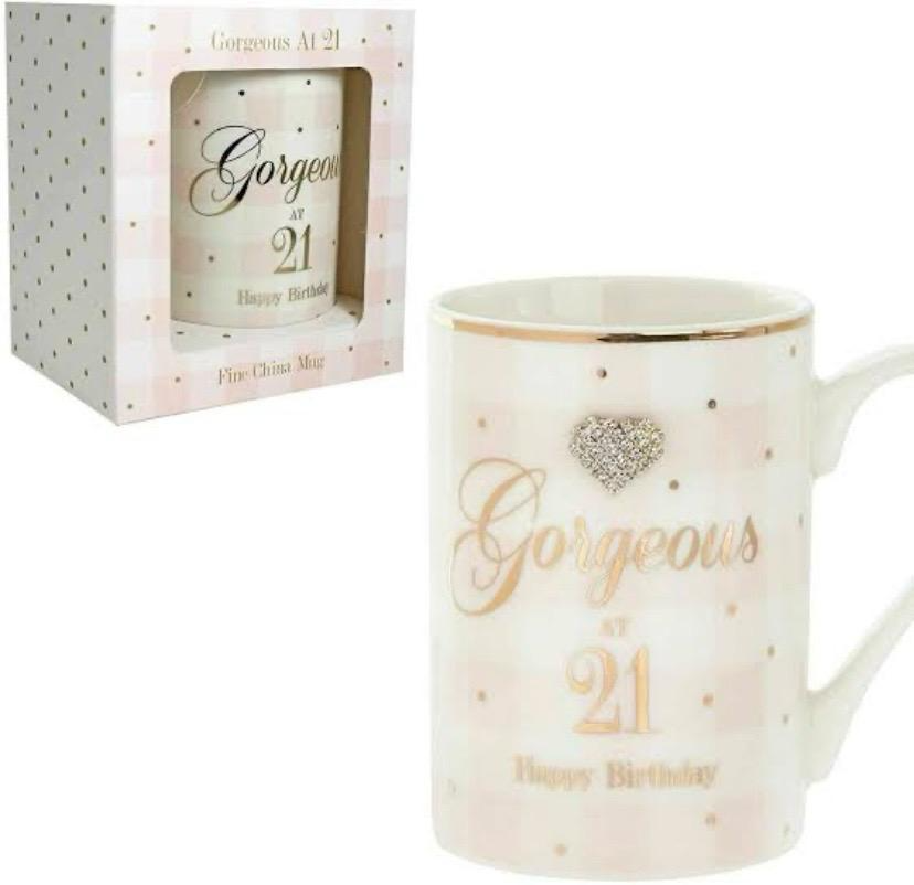 Gorgeous at 21 Happy Birthday fine china mug with rose-gold lettering and diamanté heart, shown with gift box