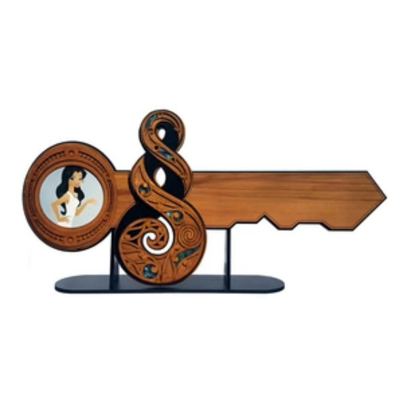 Maori-inspired decorative wooden 21st birthday key for her on black display stand