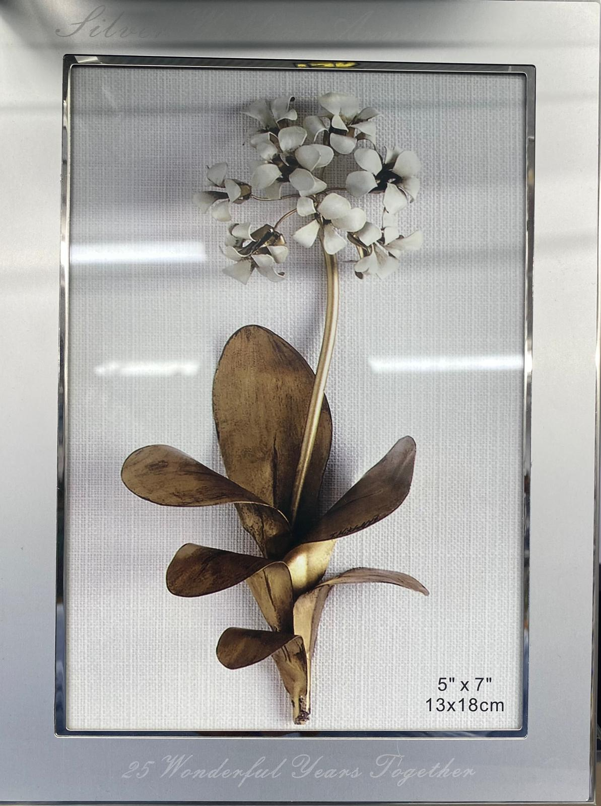 Silver Wedding Anniversary photo frame with botanical pressed flower design, 25 Wonderful Years Together, 5x7 inch