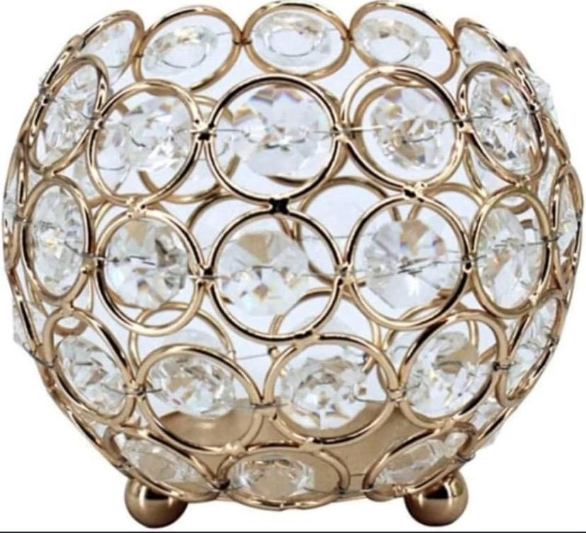Gold crystal bowl candle holder with faceted clear gems and gold metal frame