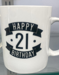 Happy 21st Birthday white ceramic mug with bold black banner typography design