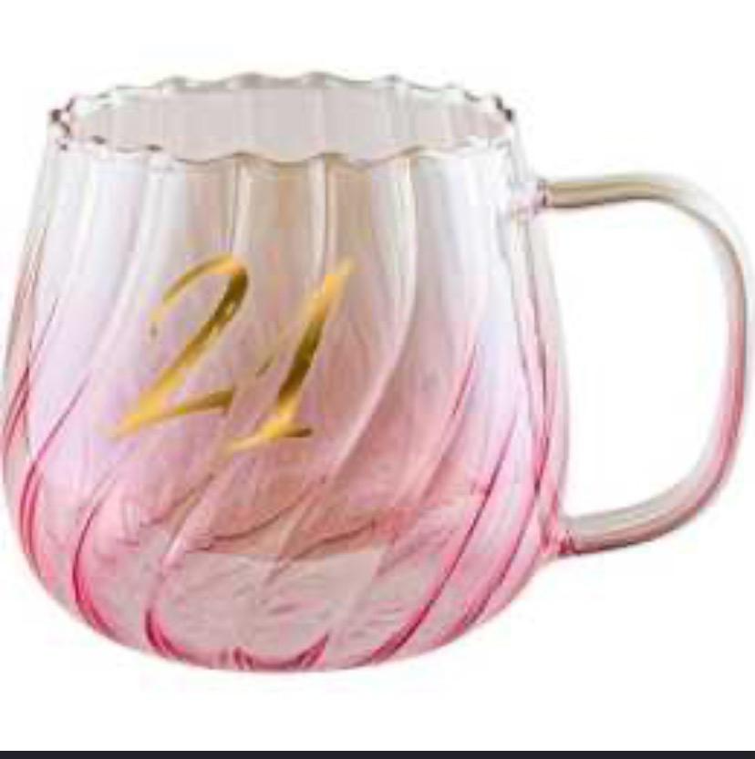 21st birthday pink ombre glass mug with gold 21 lettering, ruffled rim and swirled ribbed texture