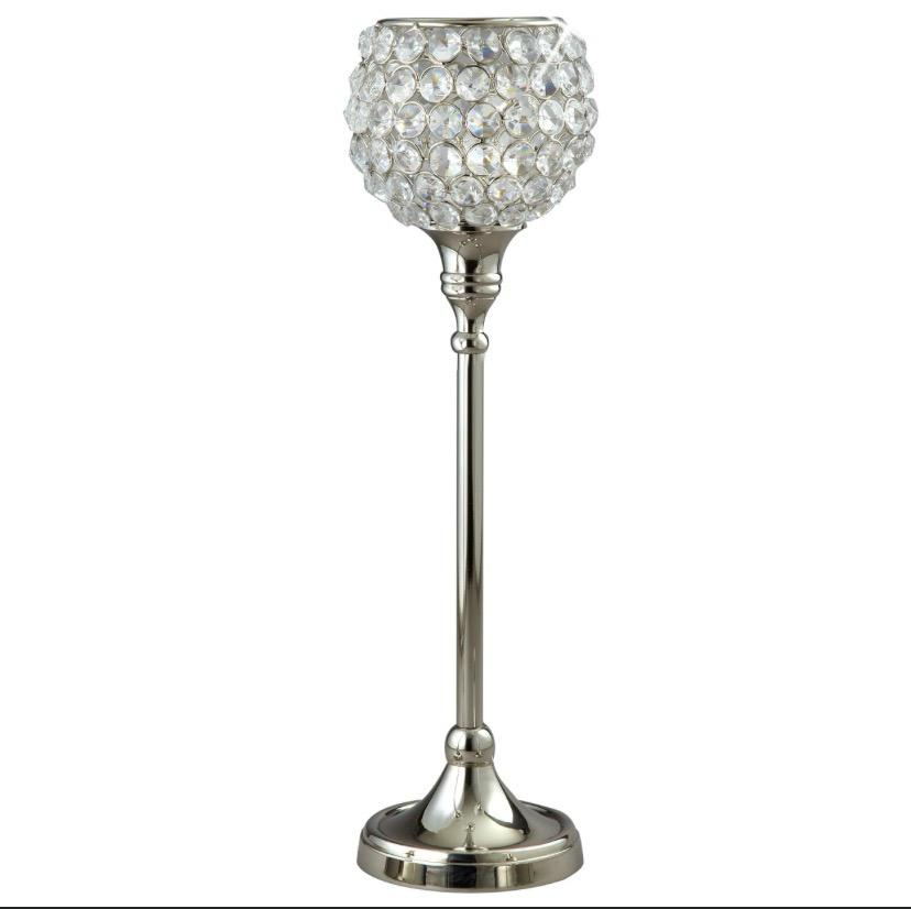 Silver crystal globe candle holder on tall polished silver stem with round base